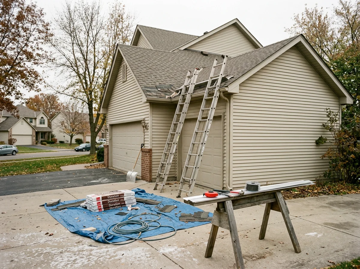 Exterior shot of a roofing job site with ladders, shingle bundles, and hand tools staged near a residential home. The scene shows equipment ready for a day of work.