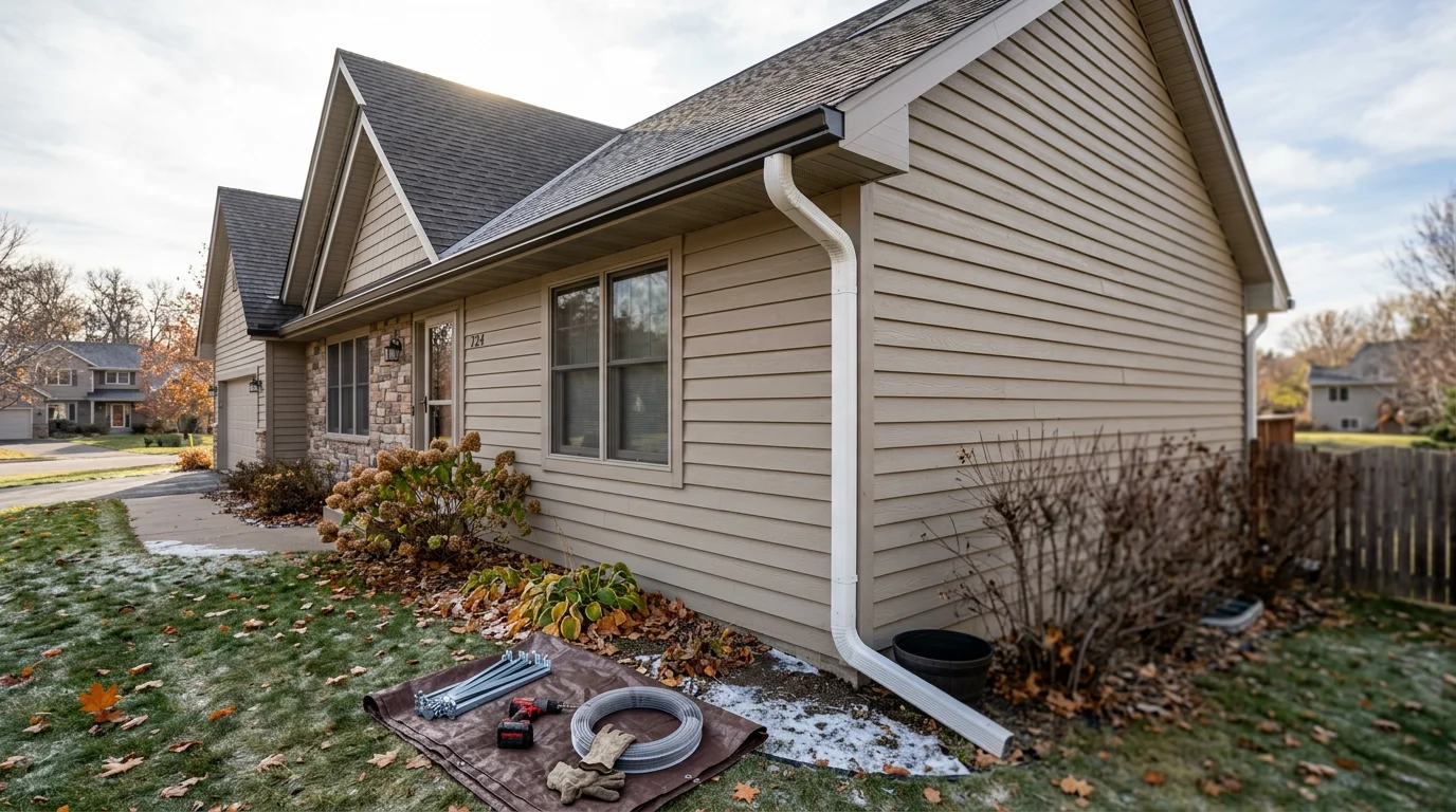 Seamless gutters installed along the edge of a home roofline in Woodbury, Minnesota