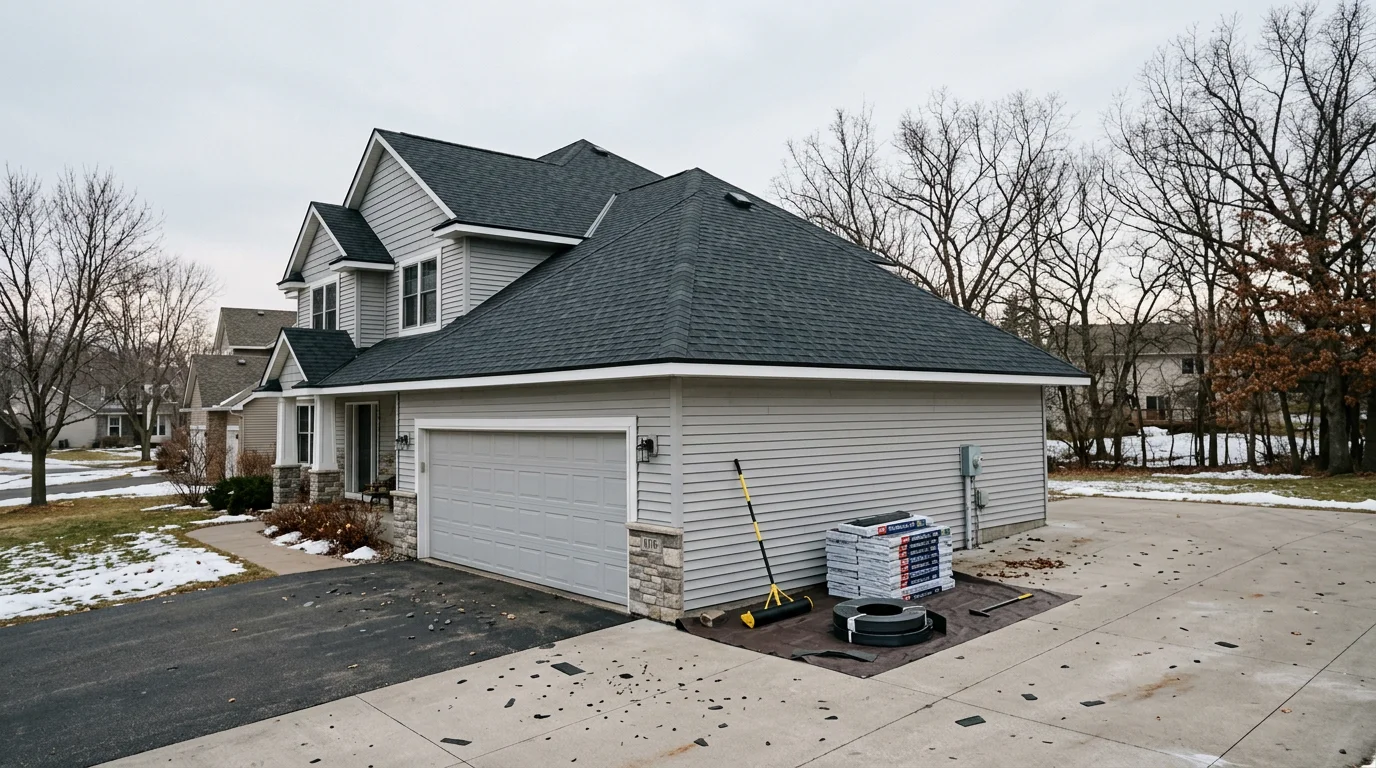 Crew member installing asphalt shingles on a residential roof in Woodbury, Minnesota