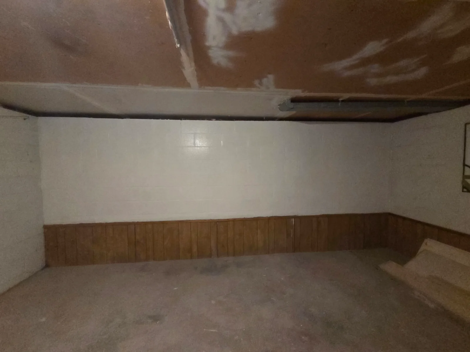 Unfinished basement with patched drywall ceiling, painted concrete block walls, and wood paneled wainscoting over a bare concrete floor