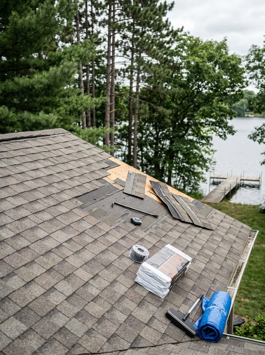 A roofing crew inspecting wind-lifted shingles on a Chanhassen, MN home near Lake Ann, checking the seal strip adhesion on the south-facing slope of the roof.