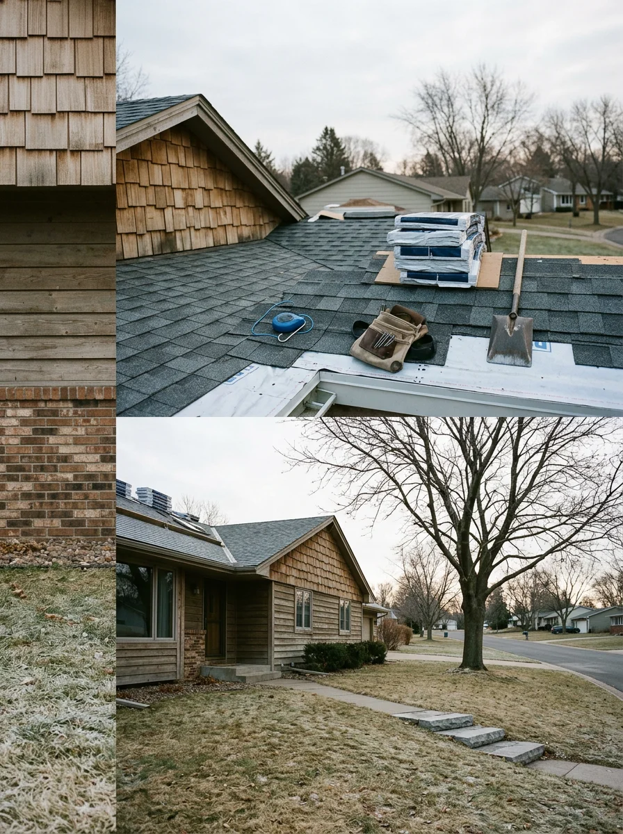 Roofers installing new asphalt shingles on a rambler-style home in Cottage Grove, MN, with ice-and-water shield visible along the eave line.