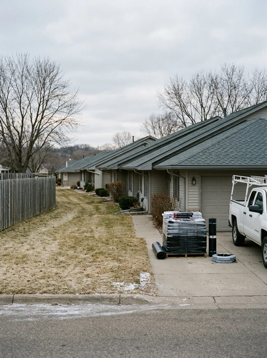 A row of townhomes in Inver Grove Heights, MN with matching new roofing installed across multiple attached units as part of a coordinated association project.