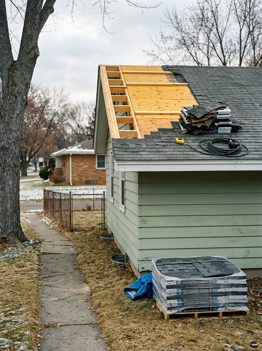 Roofers removing old worn asphalt shingles from a post-war ranch home in Maplewood, MN, with new decking boards visible where moisture damage has been cut out.