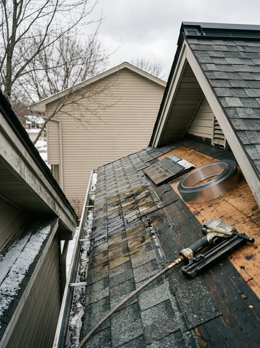 A roofing contractor inspecting the ridge and attic ventilation on a Plymouth, MN home during a roof replacement assessment, with ice dam damage visible along the eave.