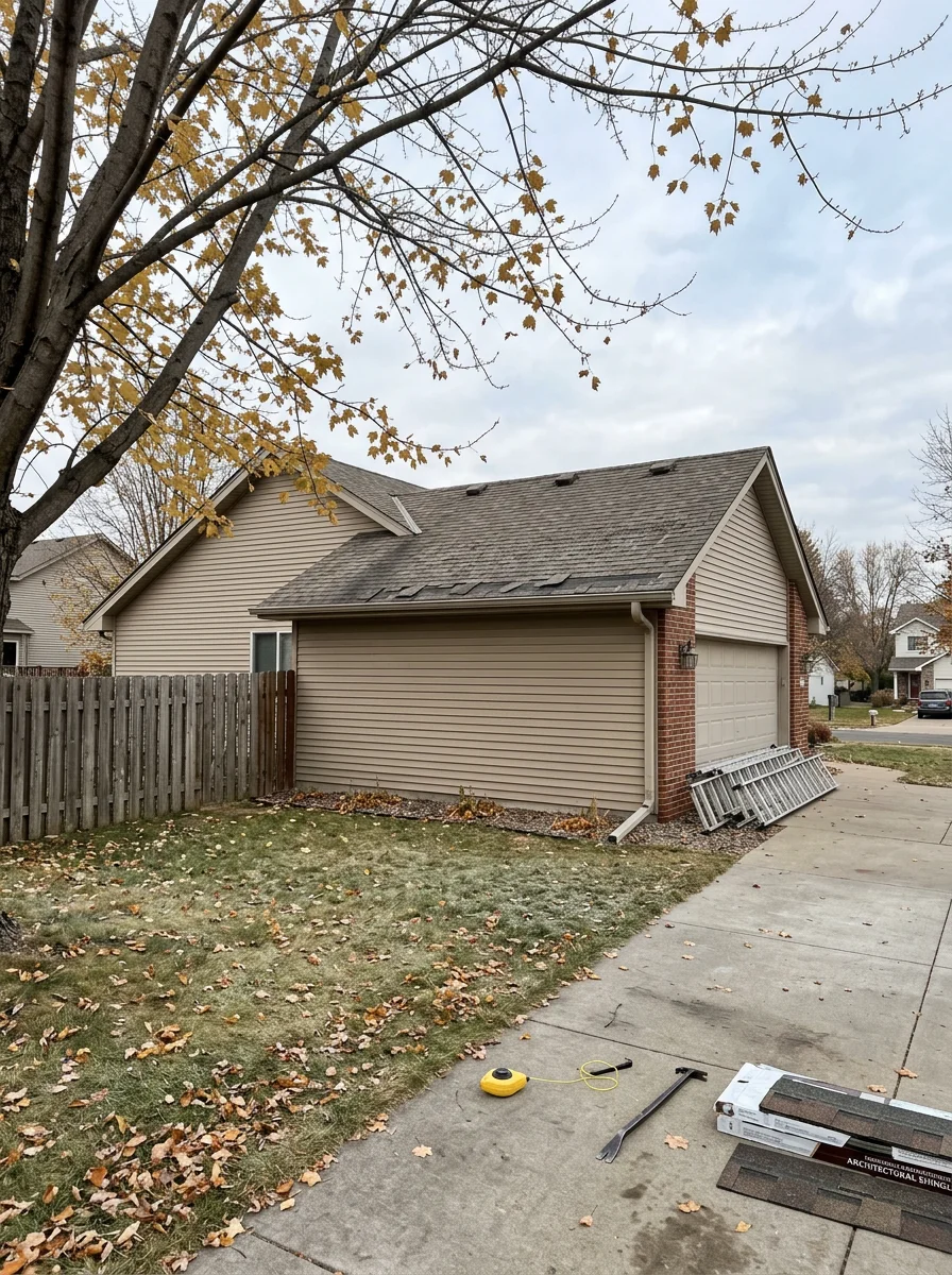 A roofing crew inspecting shingles on a late-1990s suburban home in Shakopee, MN, checking for granule loss and wind-lifted tabs on an exposed corner lot.