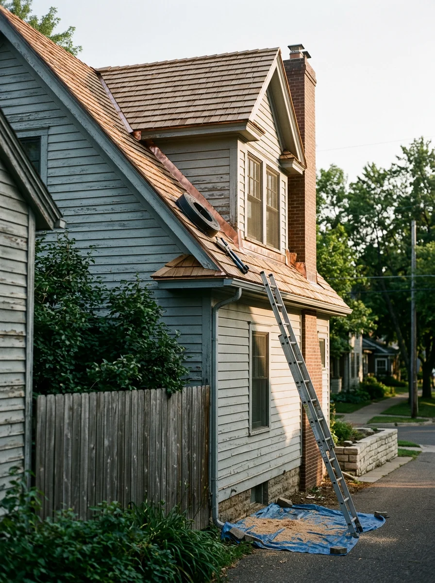 Roofers working on a steep-pitch historic home in Stillwater, Minnesota, installing new flashing around a dormer window on a pre-1940 structure.