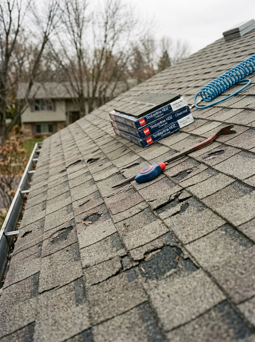 Close-up of hail-damaged asphalt shingles on a Woodbury home roof, showing granule loss and impact bruising on the shingle surface.