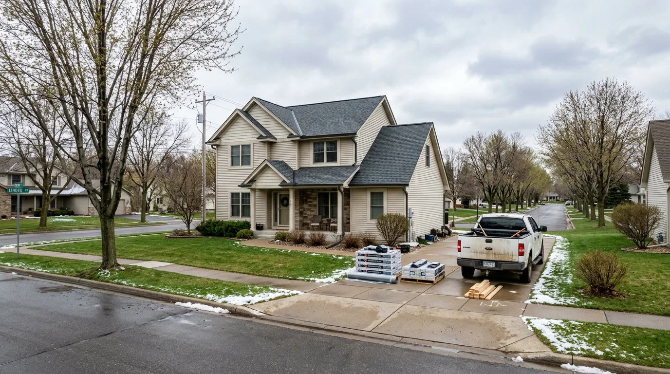 A two-story suburban home in Woodbury, Minnesota with a newly installed architectural asphalt shingle roof, showing clean ridge lines and new gutters against a clear sky.