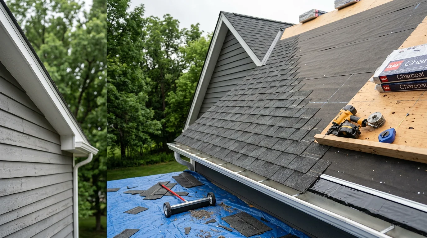 Newly installed architectural asphalt shingle roof on a two-story residential home in Woodbury, Minnesota, showing clean ridge lines, uniform shingle coursing, and sealed flashing around roof penetrations.