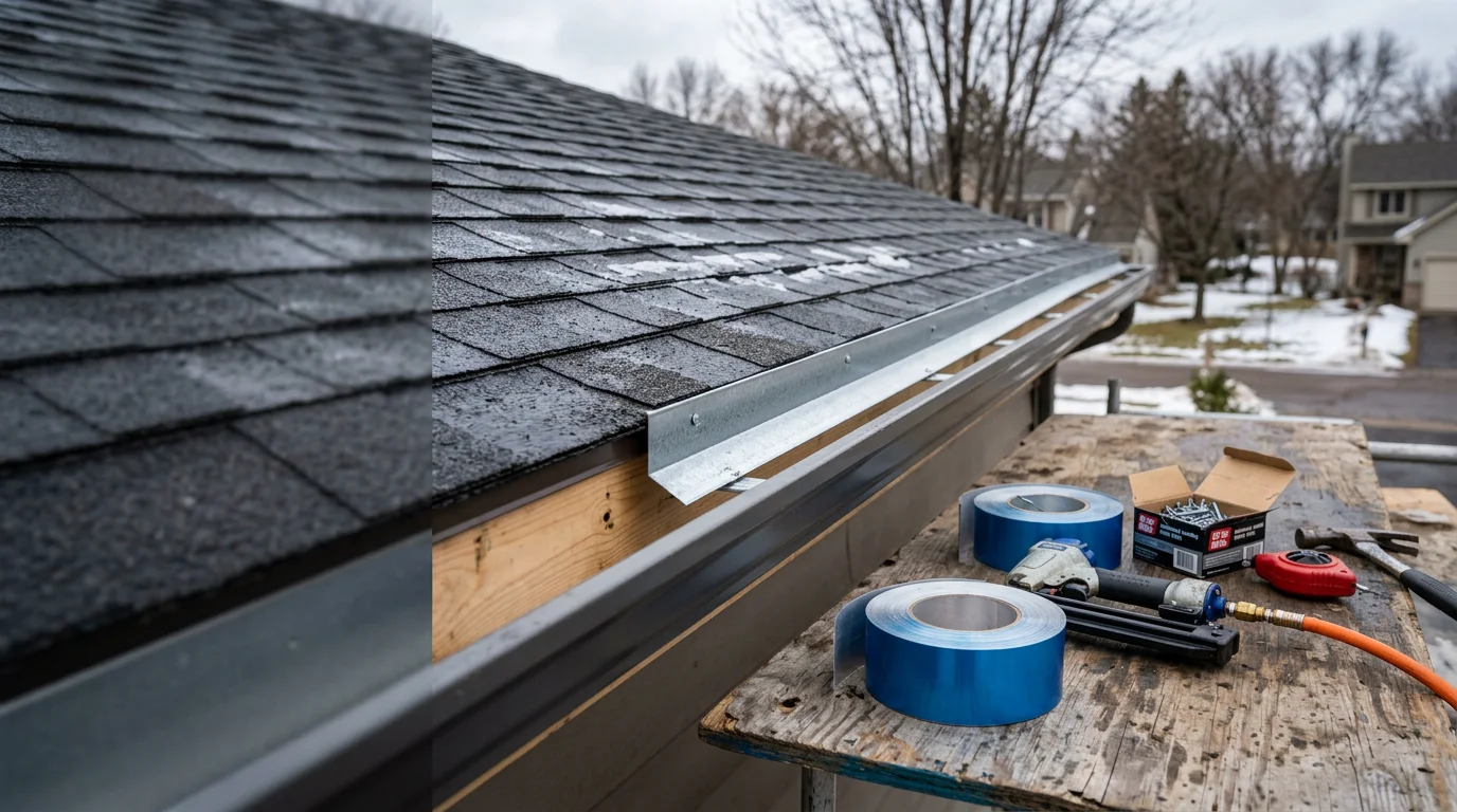 Close-up of metal drip edge installed along the eave of a residential roof in Woodbury, Minnesota, with gutters visible below. The drip edge runs flush against the fascia board, directing water away from the roof deck.