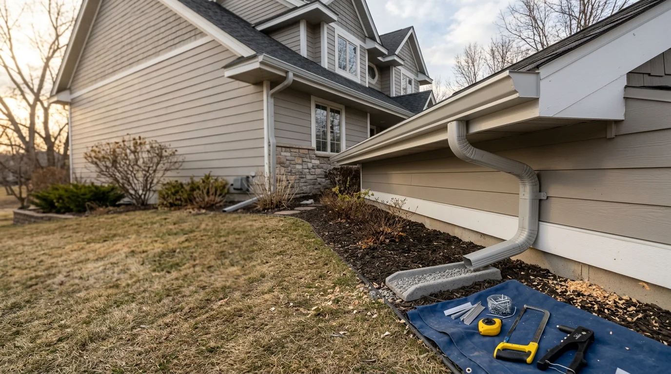 Newly installed aluminum K-style gutters and downspouts on a two-story residential home in Woodbury, Minnesota, with downspout extensions directing water away from the foundation.