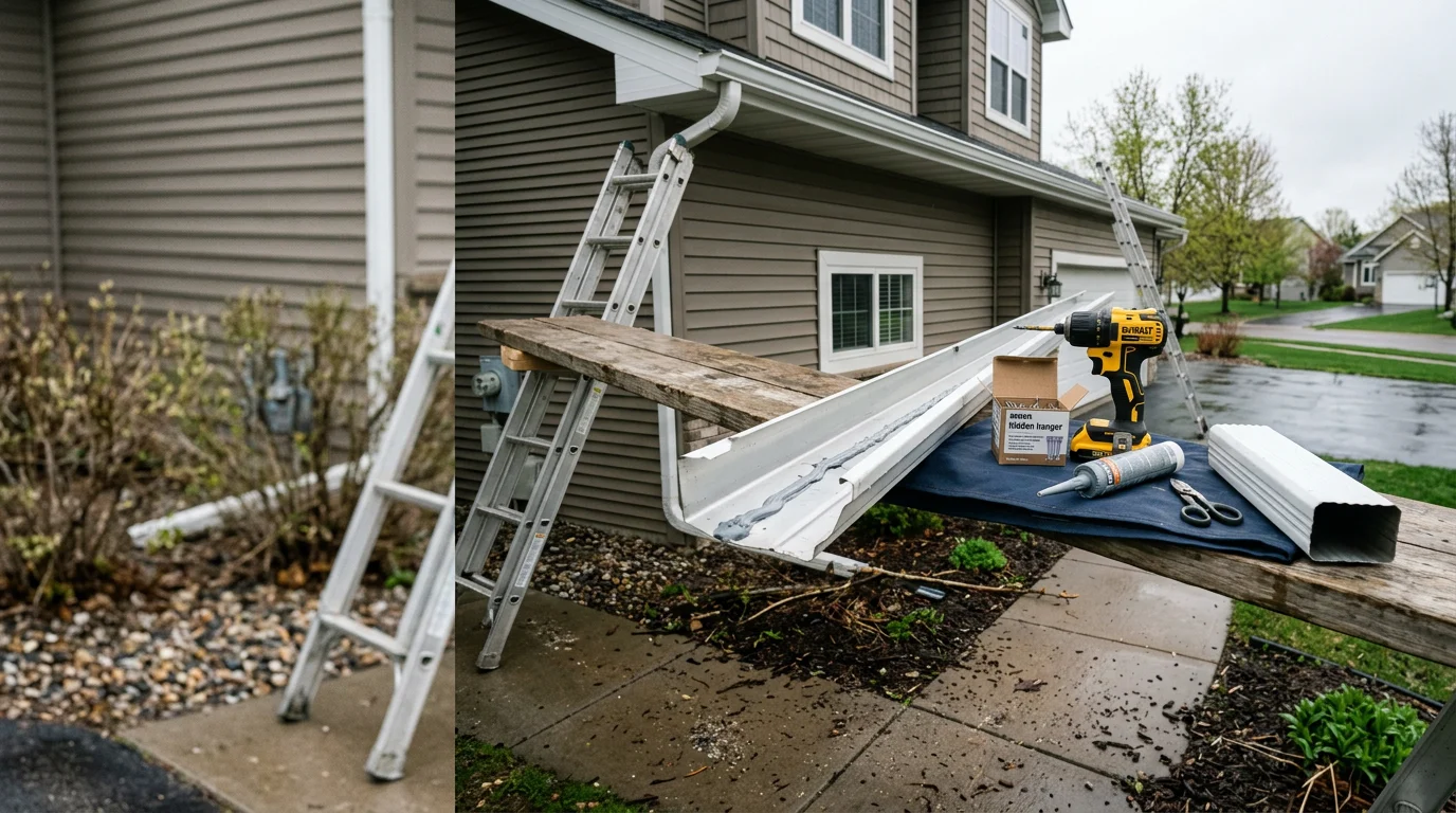 A gutter repair technician reattaching a sagging aluminum gutter section to the fascia board of a two-story home in Woodbury, Minnesota. The repaired run sits flush against the roofline with a clear downspout directing water away from the foundation.