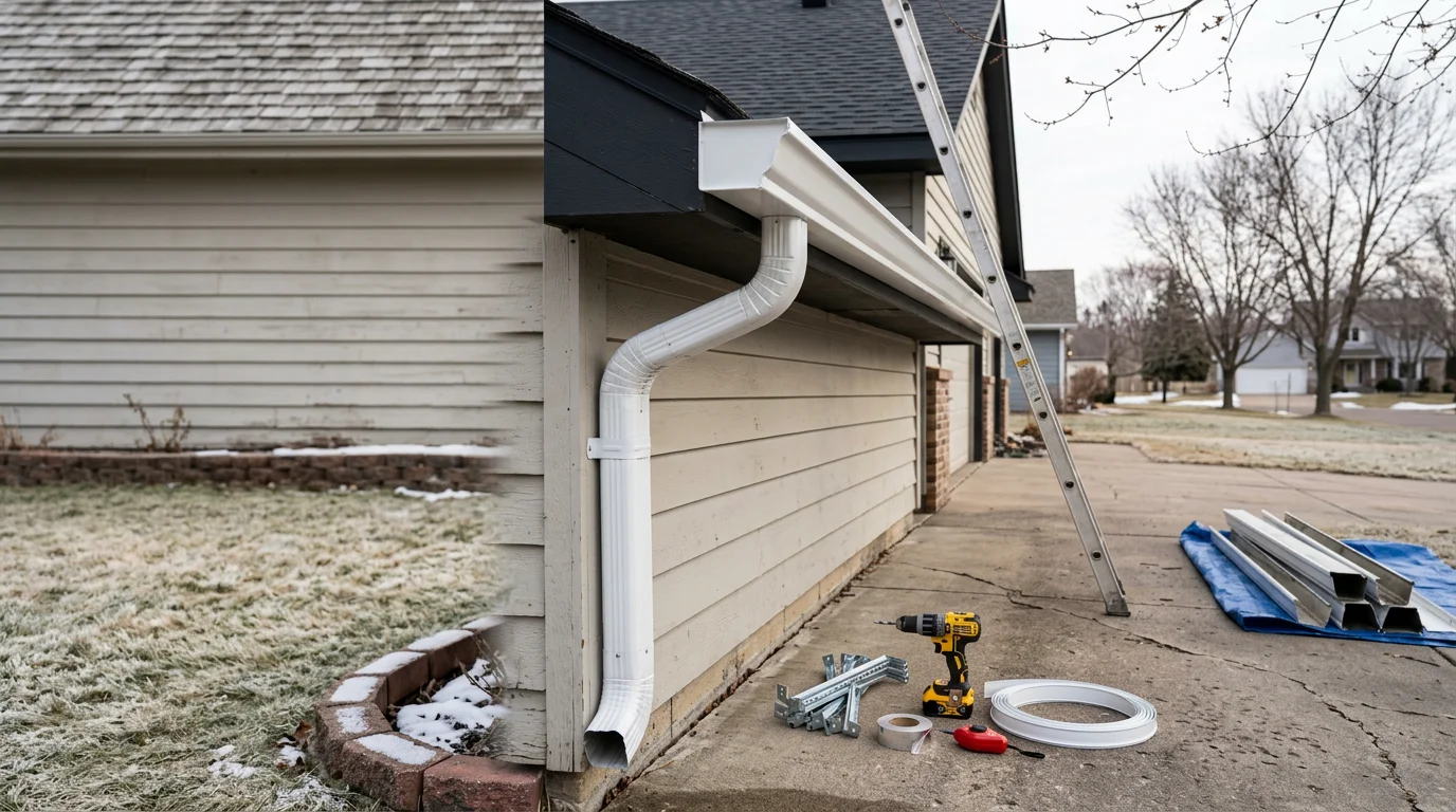 New aluminum gutters installed along the roofline of a two-story suburban home in Woodbury, Minnesota, with downspouts positioned at the corners to direct water away from the foundation.