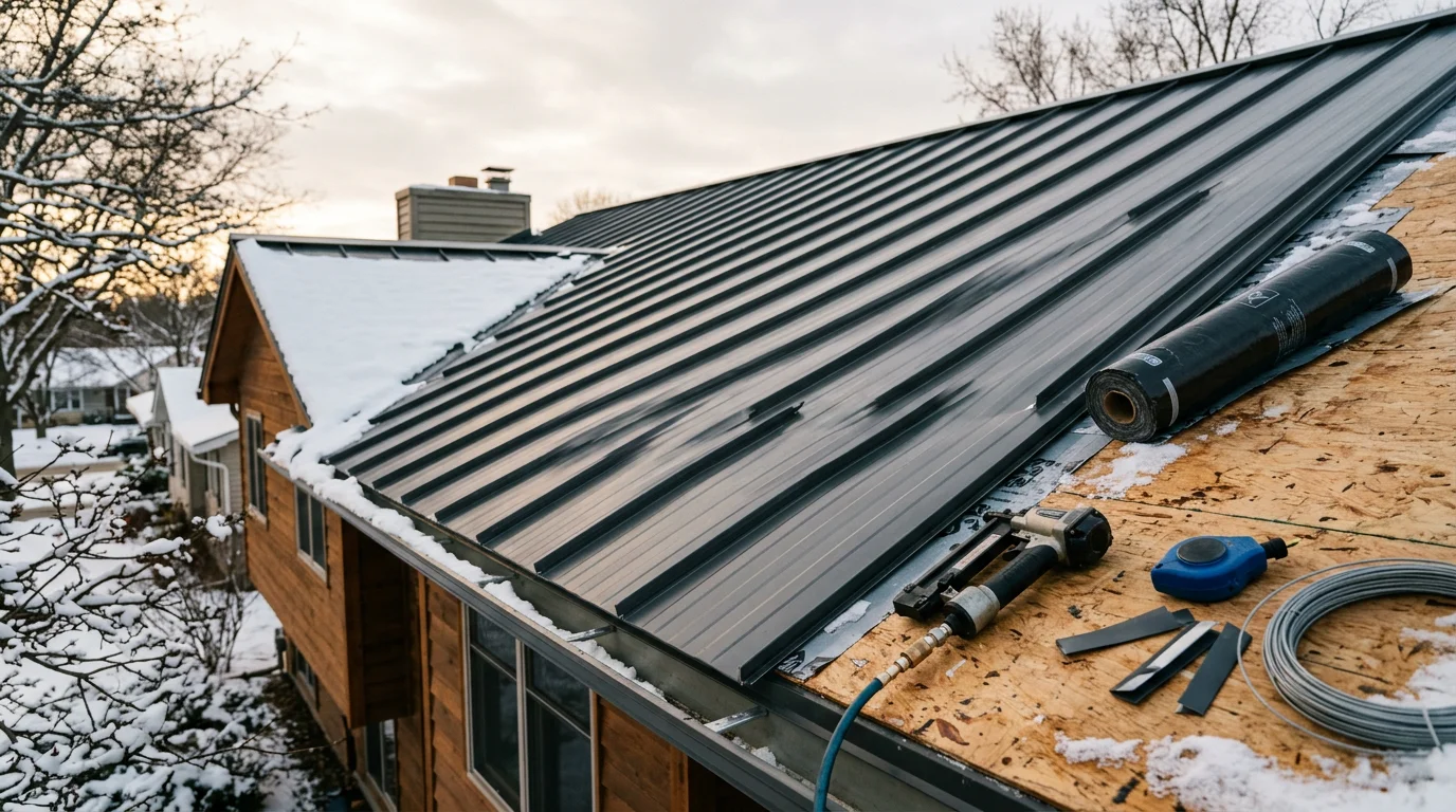 Completed standing seam metal roof installation on a residential home in Woodbury, Minnesota, showing clean vertical panel lines and finished ridge detail against a clear sky.