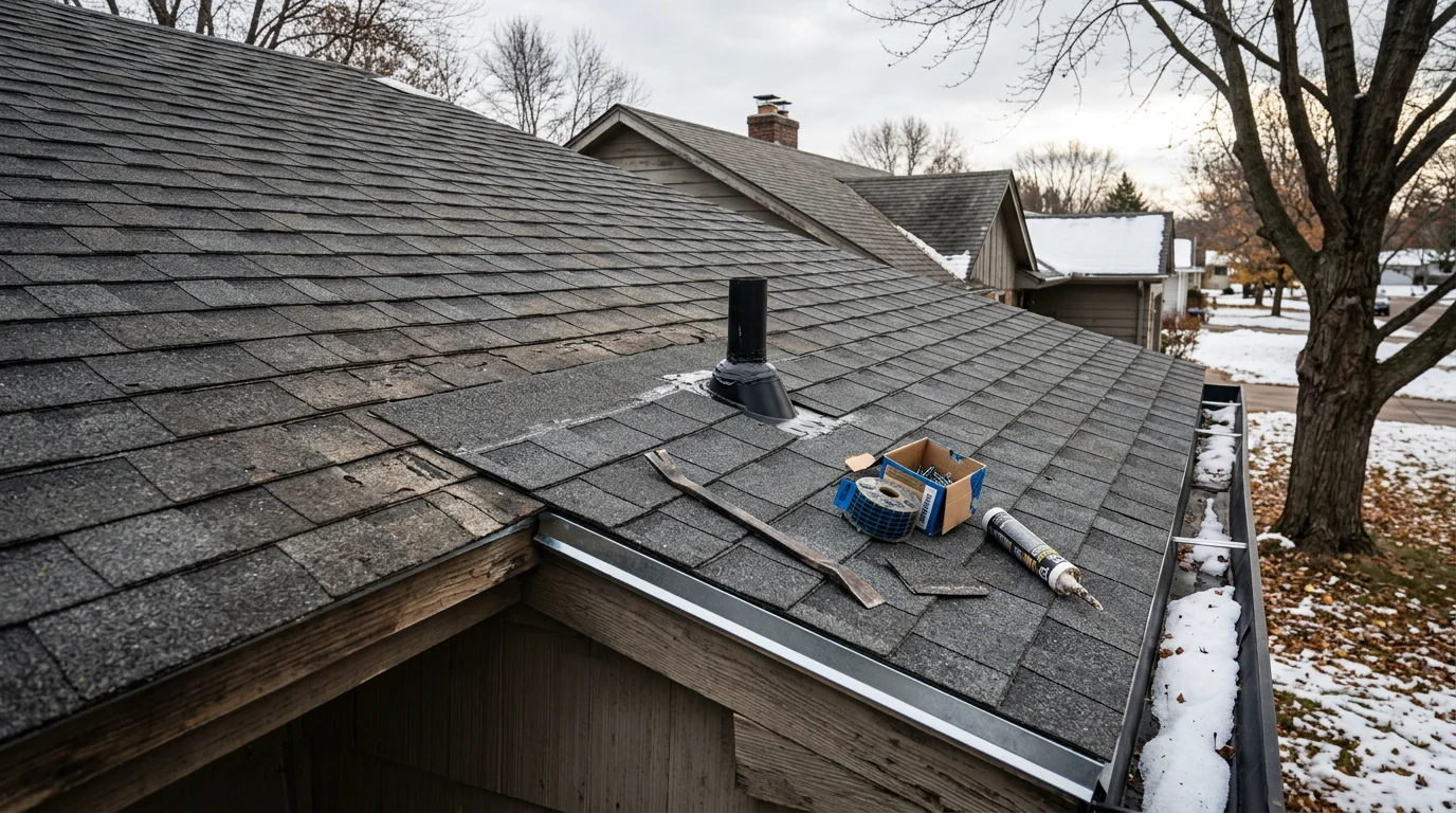 A roofing crew repairing damaged shingles and flashing on a steep-pitch two-story home in a Woodbury, Minnesota subdivision. Close-up view of the repaired roof section showing replaced shingles and sealed valley flashing against a clear Minnesota sky.