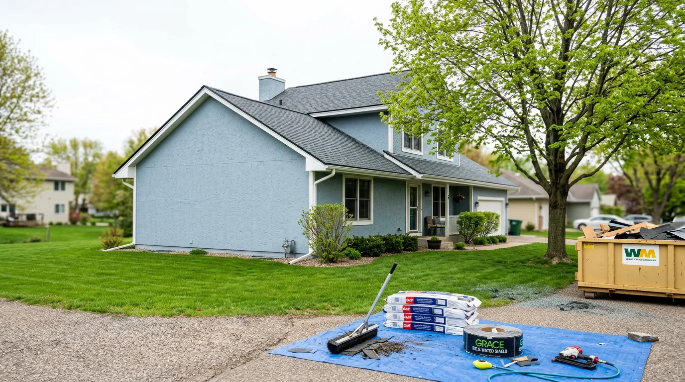 A completed residential roof replacement on a Woodbury, Minnesota home showing new shingles installed from ridge to eave with clean flashing along the roofline. The surrounding east metro neighborhood is visible in the background.