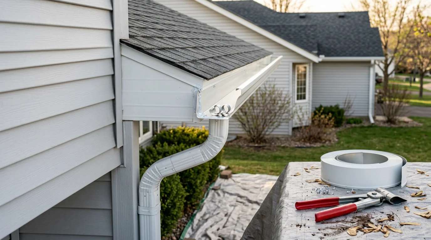 Newly installed seamless gutters running along the roofline of a residential home in Woodbury, Minnesota. Downspouts direct water away from the foundation toward the yard.