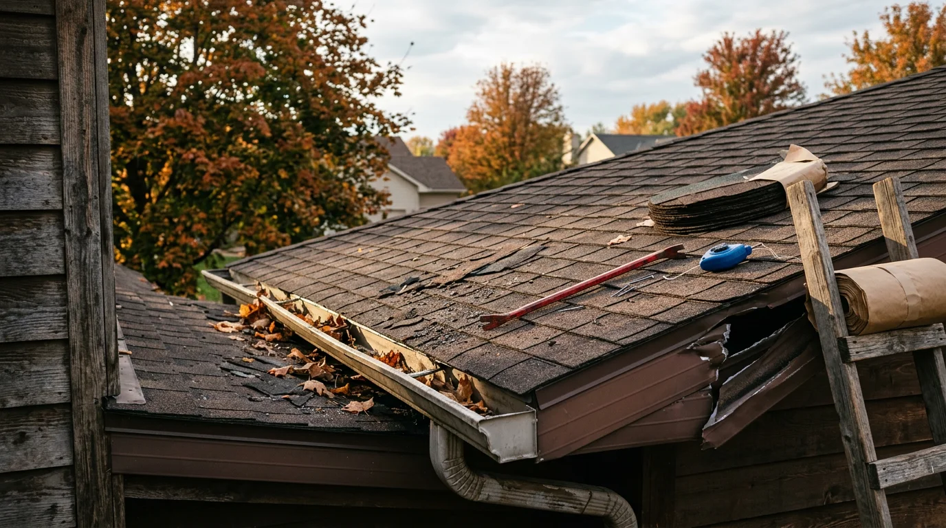 A Woodbury residential roof showing hail impact damage with cracked and granule-stripped shingles on the upper field. A roofer from C&C Roofing and Construction LLC inspects the damage up close in the east metro.